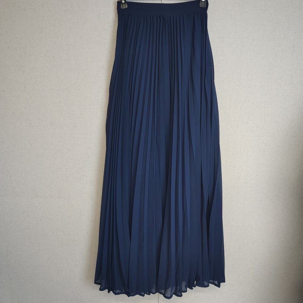 Womens XS Navy Blue Pleated Maxi Skirt Chiffon Flowy Accordion Dark Academia